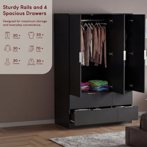 Trega 3 Door 4 Drawer Wardrobe – Modern Spacious Bedroom Storage Closet, Black