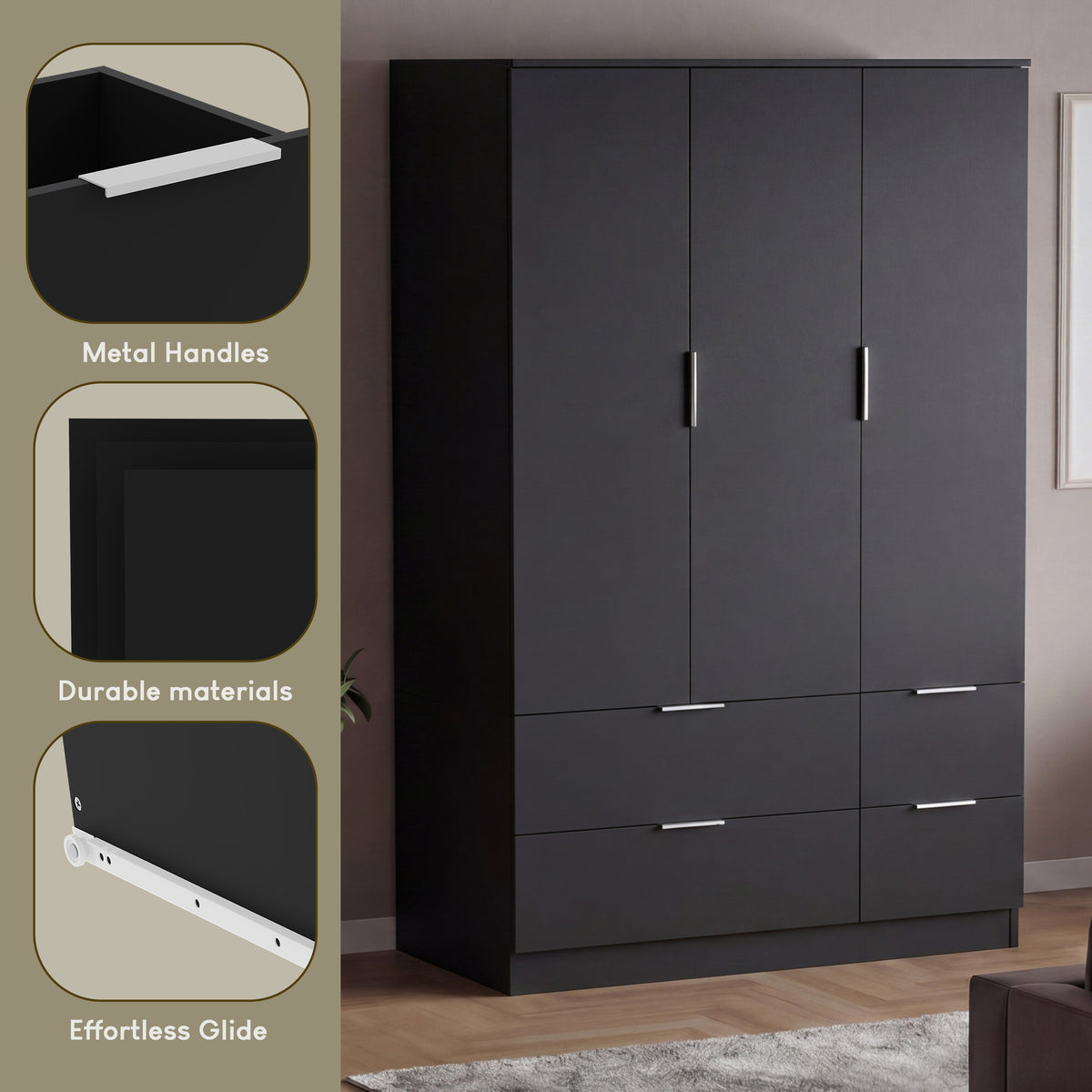 Trega 3 Door 4 Drawer Wardrobe – Modern Spacious Bedroom Storage Closet, Black