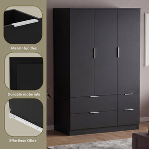 Trega 3 Door 4 Drawer Wardrobe – Modern Spacious Bedroom Storage Closet, Black