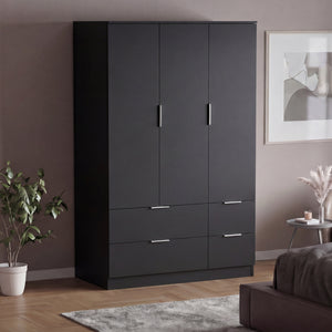 Trega 3 Door 4 Drawer Wardrobe – Modern Spacious Bedroom Storage Closet, Black