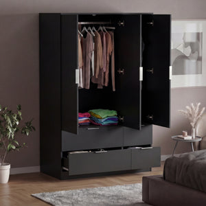 Trega 3 Door 4 Drawer Wardrobe – Modern Spacious Bedroom Storage Closet, Black