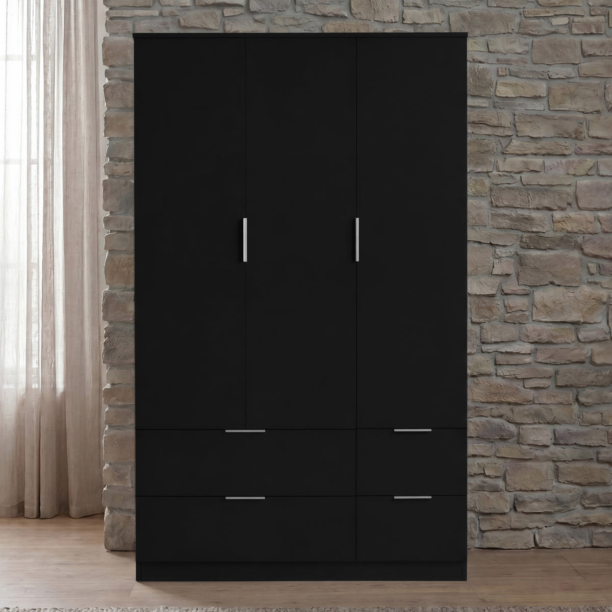 Trega 3 Door 4 Drawer Wardrobe – Modern Spacious Bedroom Storage Closet, Black