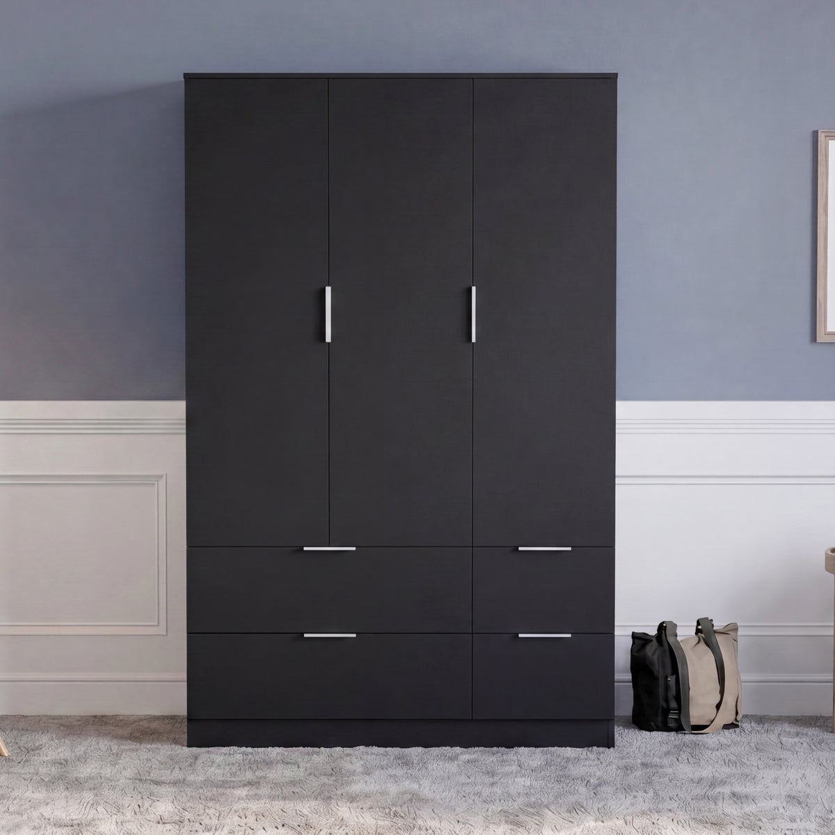 Trega 3 Door 4 Drawer Wardrobe – Modern Spacious Bedroom Storage Closet, Black