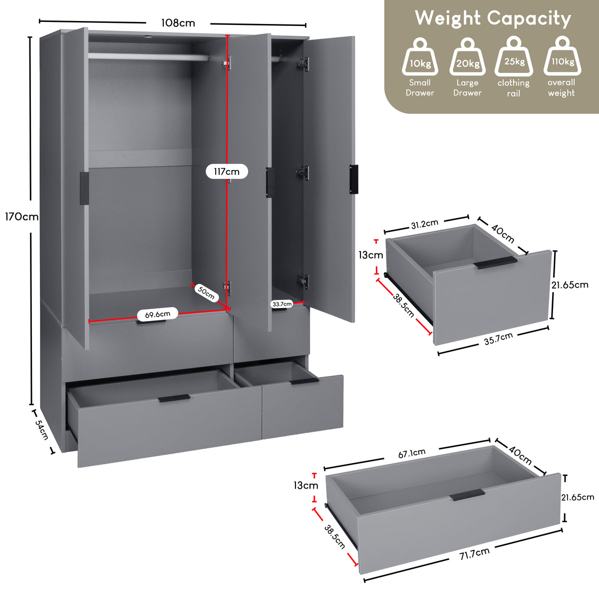 Trega 3 Door 4 Drawer Wardrobe – Modern Spacious Bedroom Storage Closet, Grey