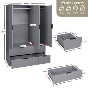 Trega 3 Door 4 Drawer Wardrobe – Modern Spacious Bedroom Storage Closet, Grey