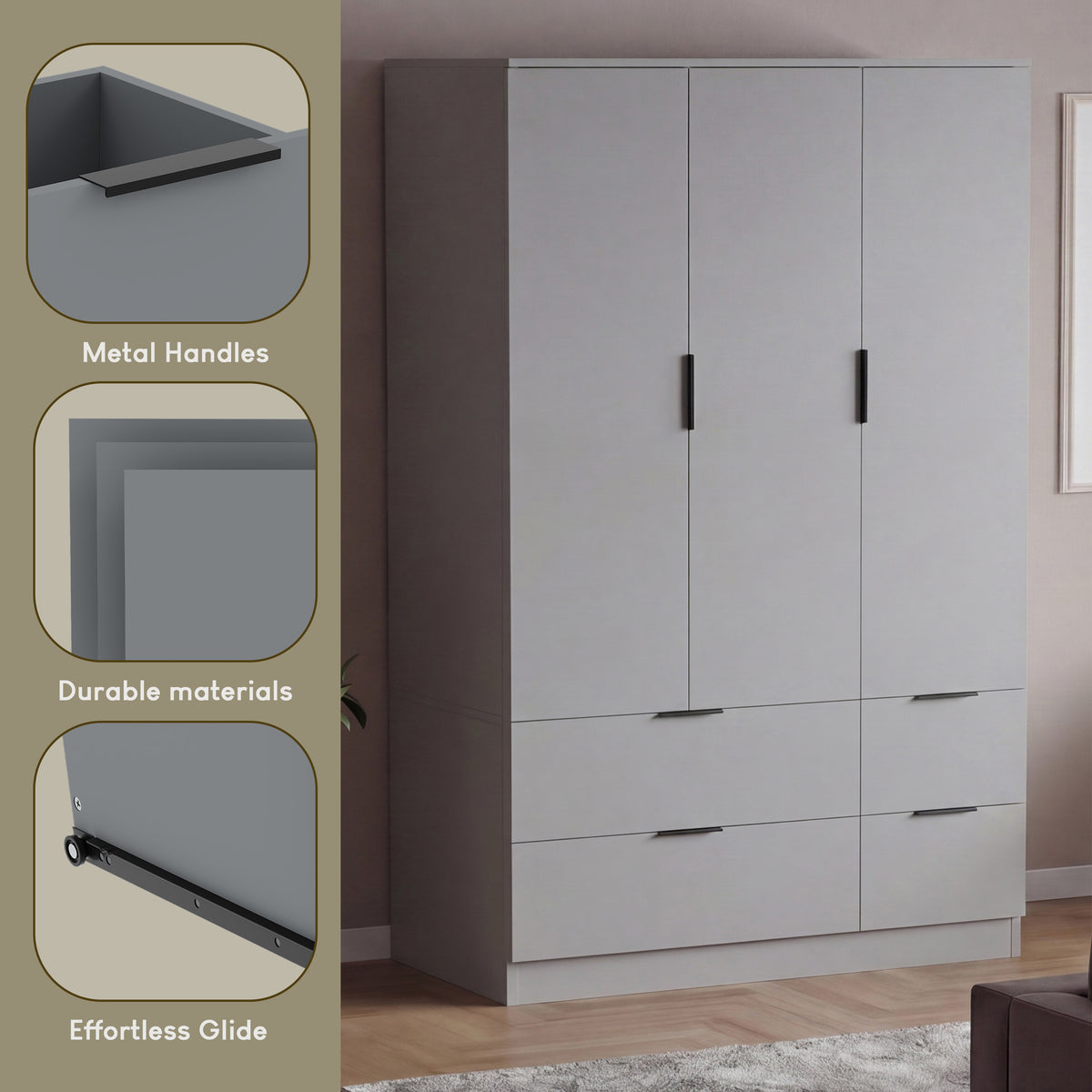 Trega 3 Door 4 Drawer Wardrobe – Modern Spacious Bedroom Storage Closet, Grey