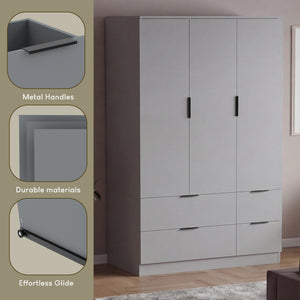 Trega 3 Door 4 Drawer Wardrobe – Modern Spacious Bedroom Storage Closet, Grey