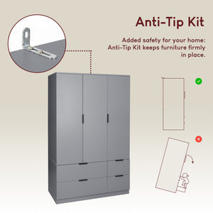 Trega 3 Door 4 Drawer Wardrobe – Modern Spacious Bedroom Storage Closet, Grey