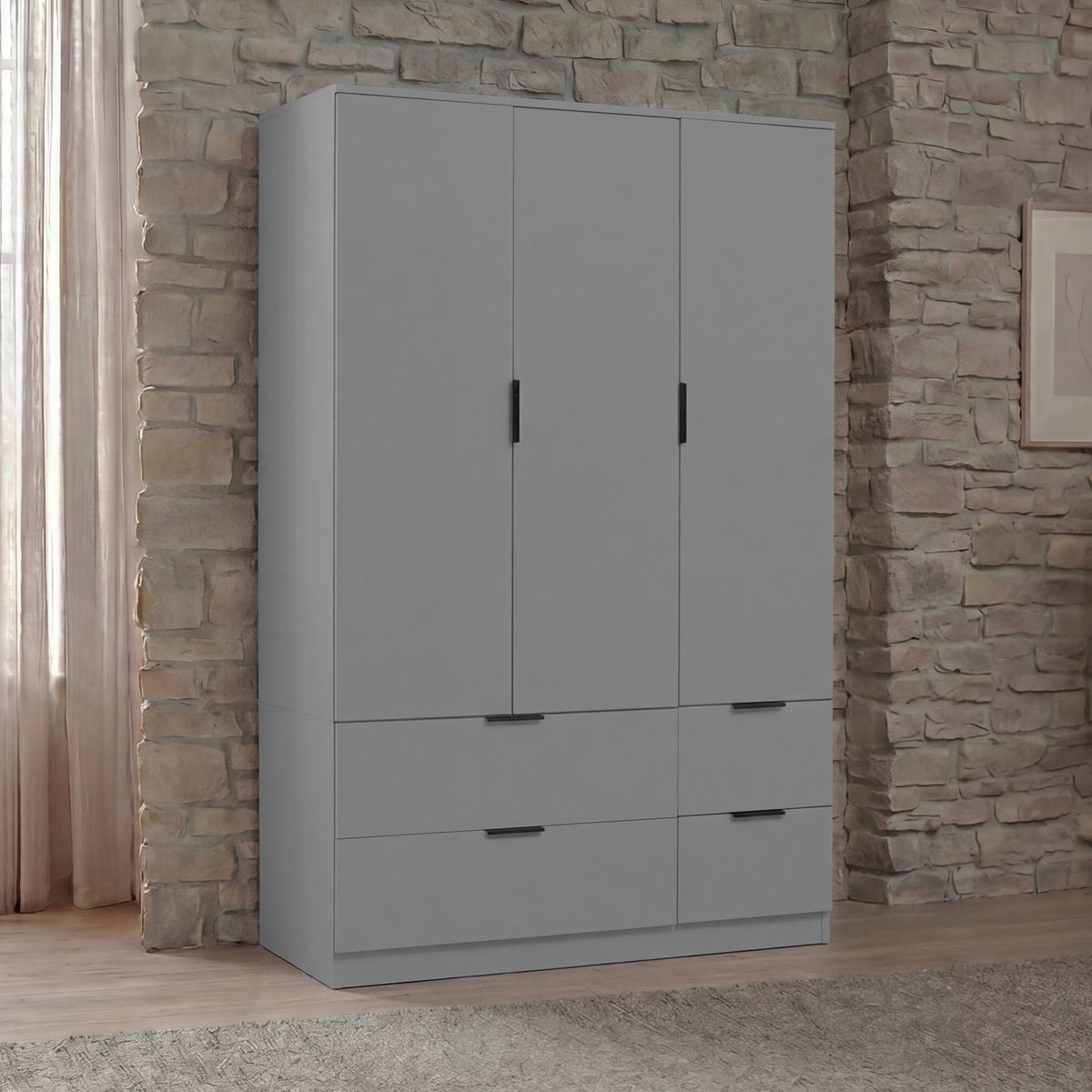 Trega 3 Door 4 Drawer Wardrobe – Modern Spacious Bedroom Storage Closet, Grey