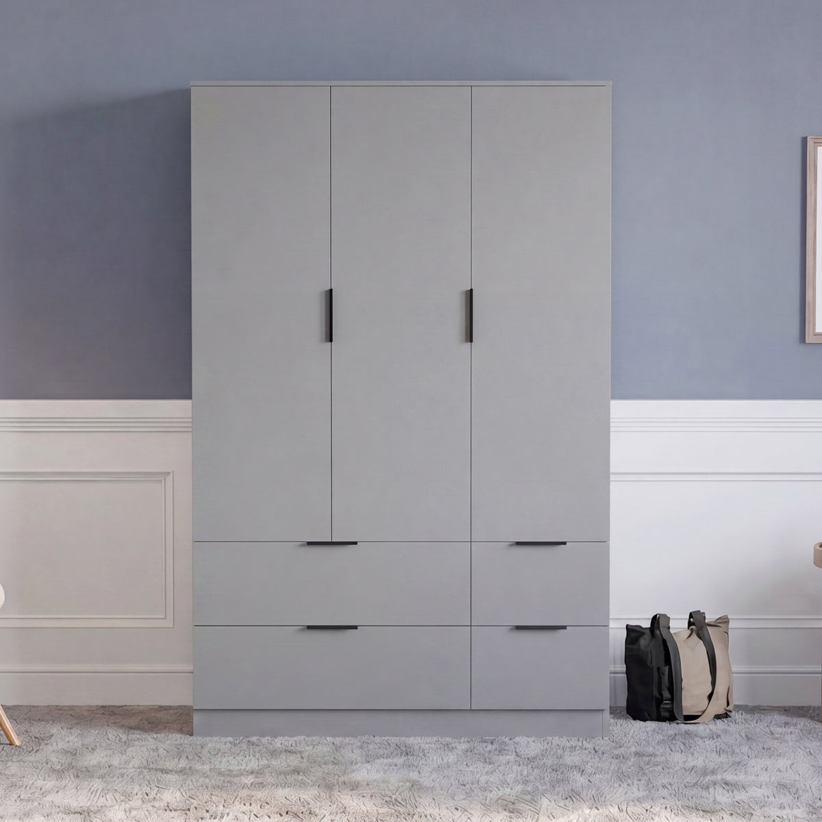Trega 3 Door 4 Drawer Wardrobe – Modern Spacious Bedroom Storage Closet, Grey
