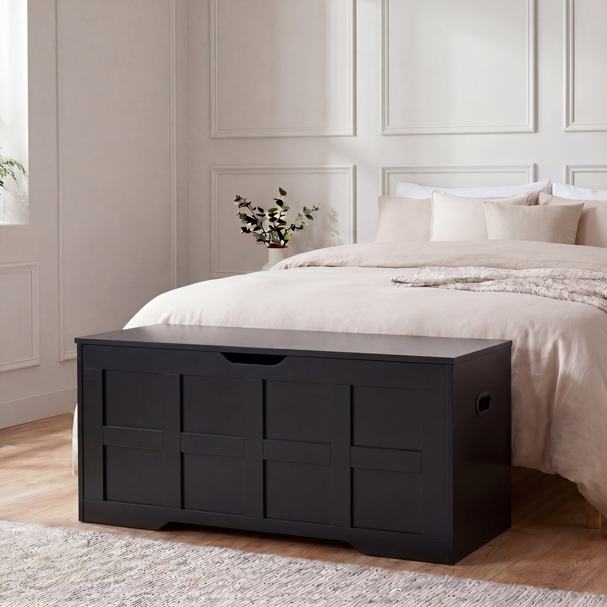Large Wooden Storage Ottoman Bench – Multi-Functional Storage Chest with Lid, Black