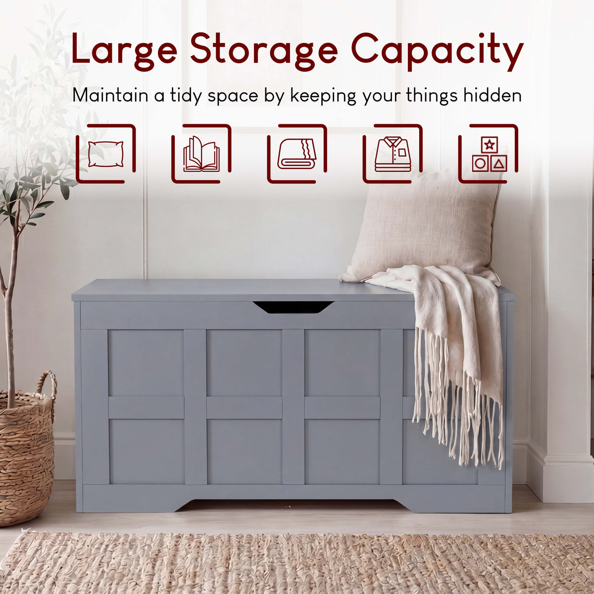Large Wooden Storage Ottoman Bench – Multi-Functional Storage Chest with Lid, Grey