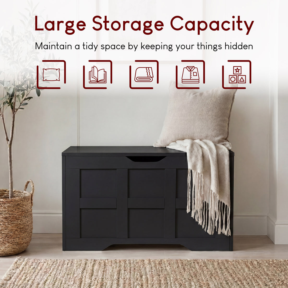 Small Wooden Storage Ottoman Bench – Multi-Functional Storage Chest with Lid, Black