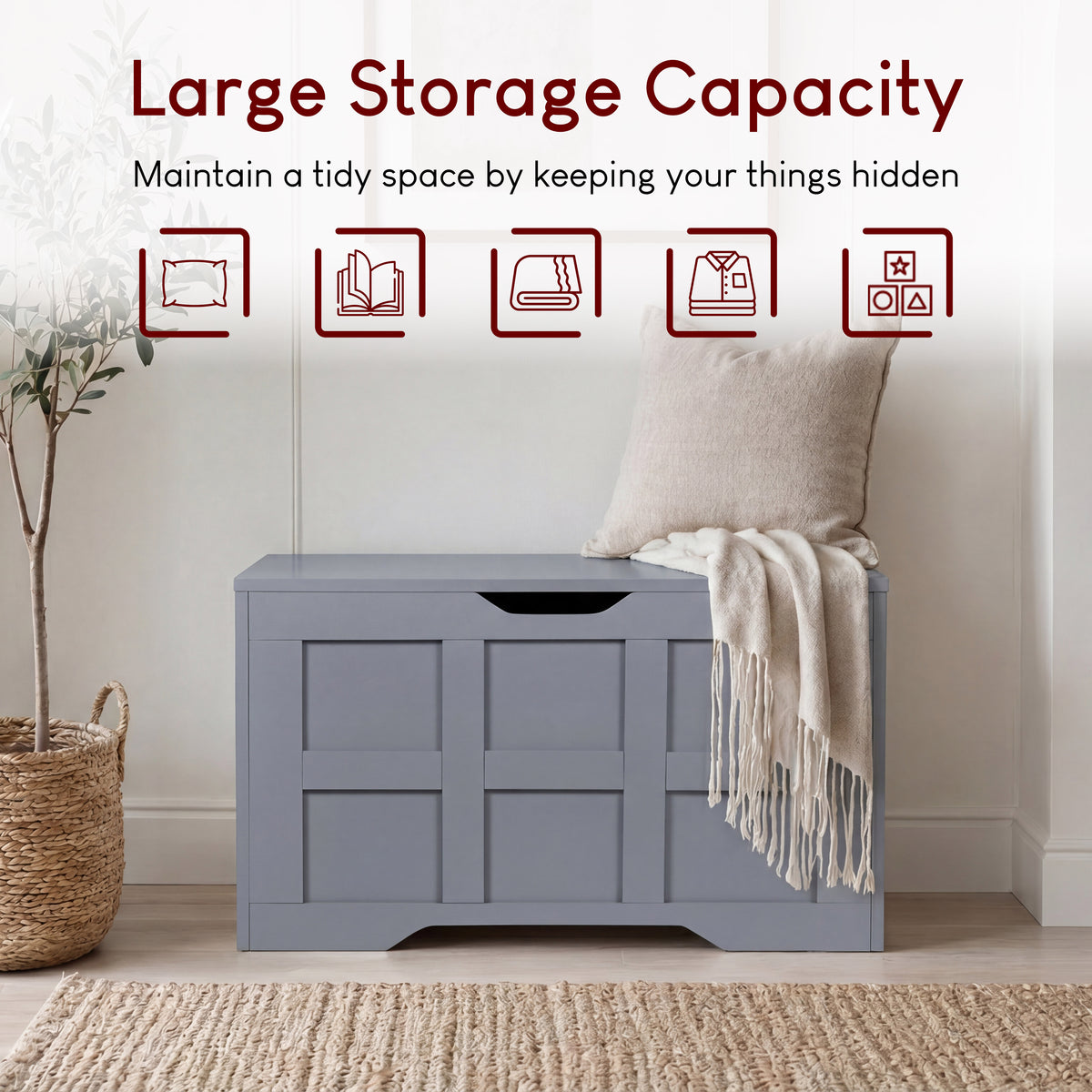 Small Wooden Storage Ottoman Bench – Multi-Functional Storage Chest with Lid, Grey