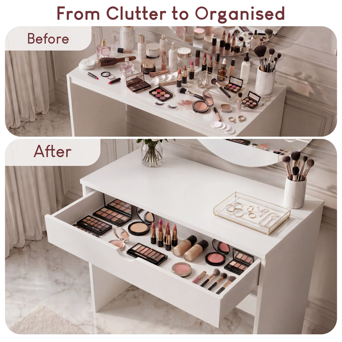 Rivela 1 Drawer Dressing Table, White Vanity Desk, Bedroom Furniture