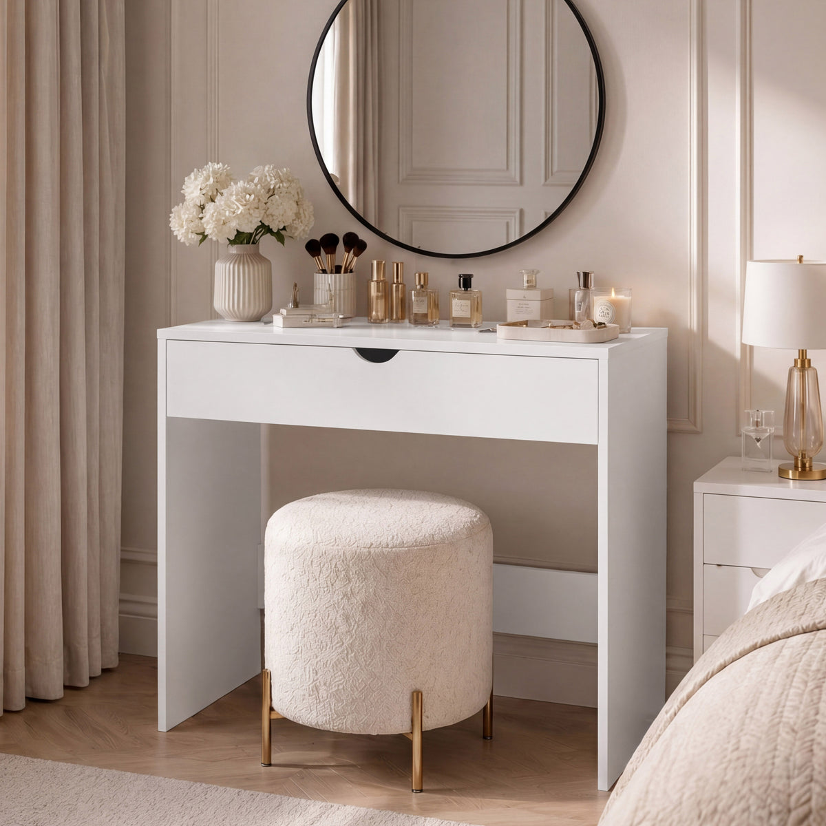 Rivela 1 Drawer Dressing Table, White Vanity Desk, Bedroom Furniture