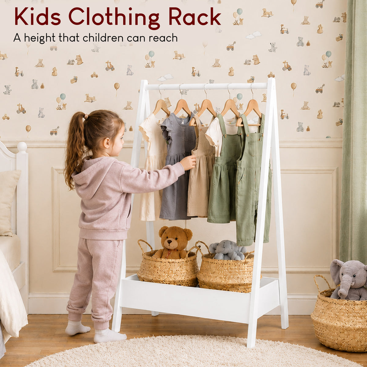 Wooden Kids Clothes Rack with Storage Shelf, White
