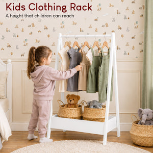 Wooden Kids Clothes Rack with Storage Shelf, White