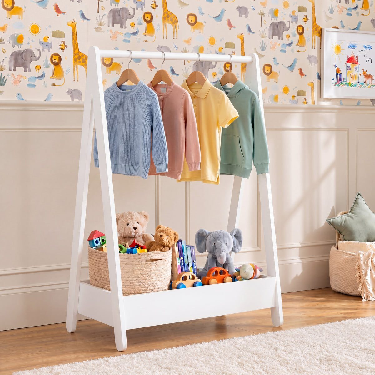 Wooden Kids Clothes Rack with Storage Shelf, White
