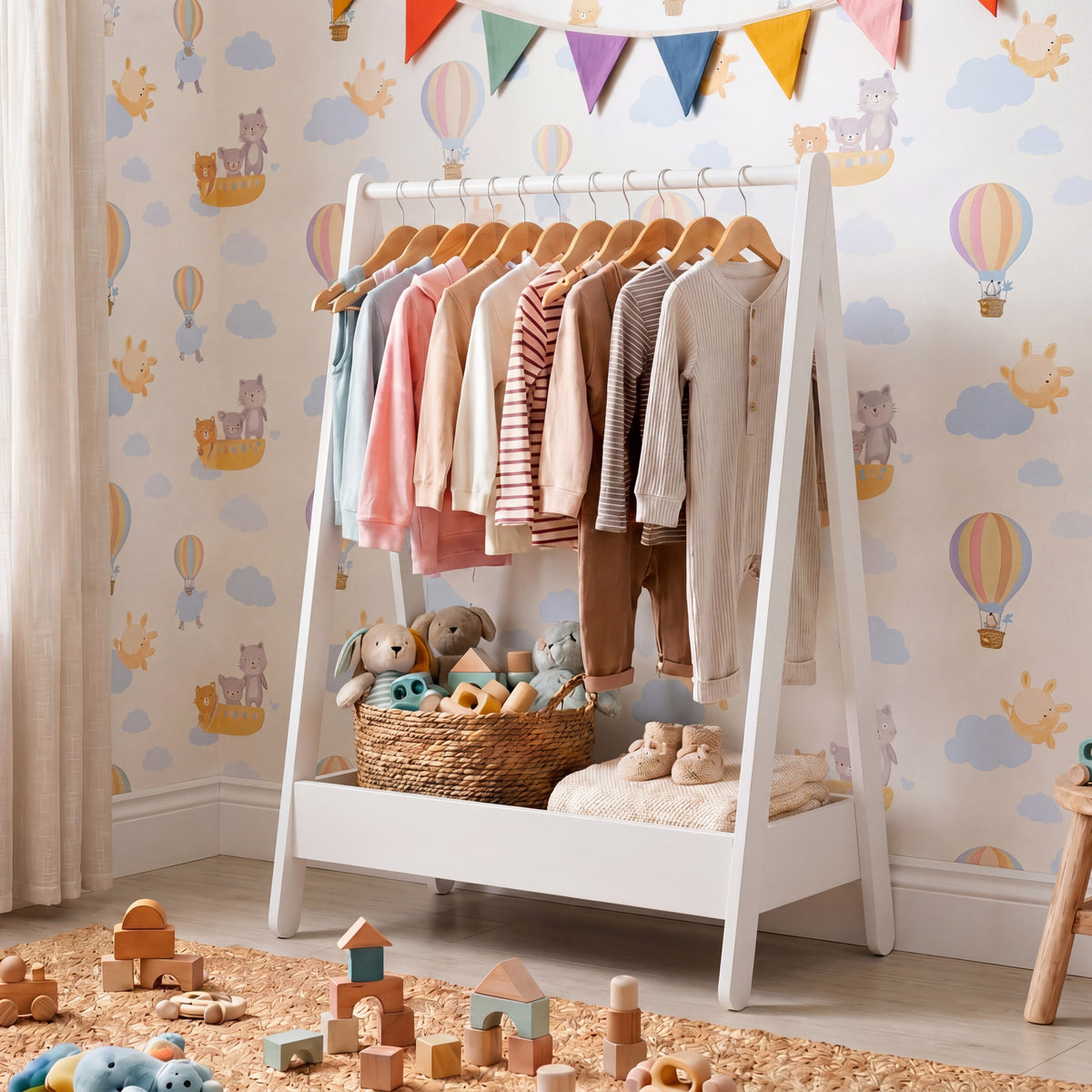 Wooden Kids Clothes Rack with Storage Shelf, White