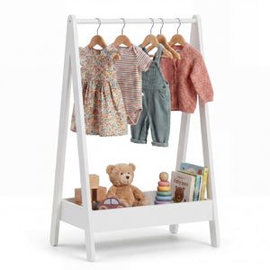 Wooden Kids Clothes Rack with Storage Shelf, White