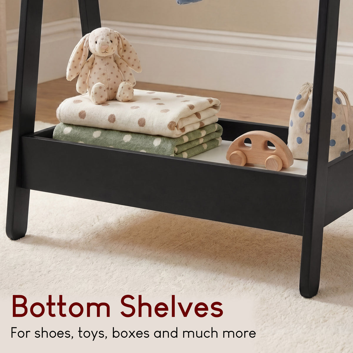 Wooden Kids Clothes Rack with Storage Shelf, Black