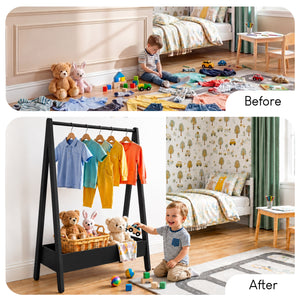 Wooden Kids Clothes Rack with Storage Shelf, Black