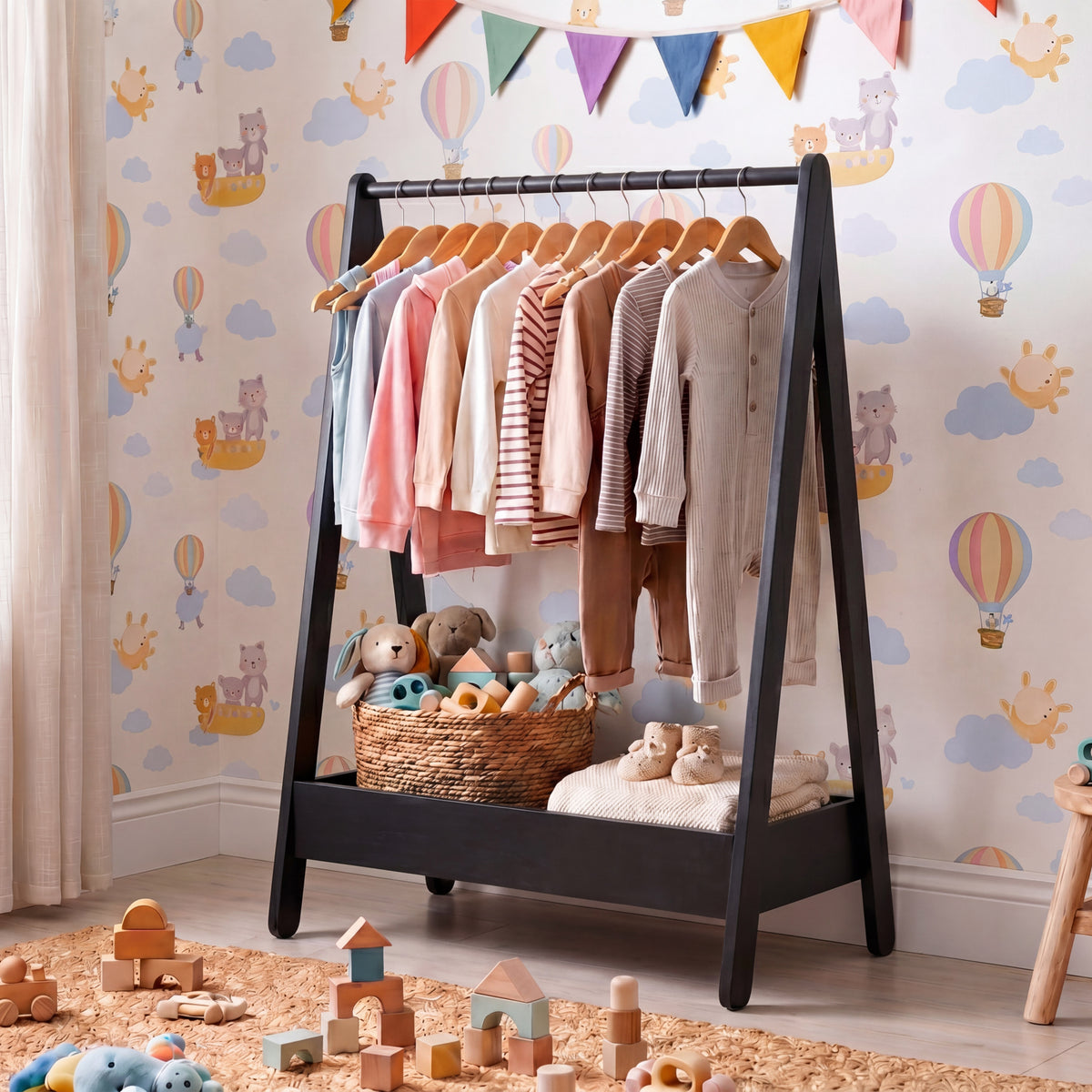 Wooden Kids Clothes Rack with Storage Shelf, Black
