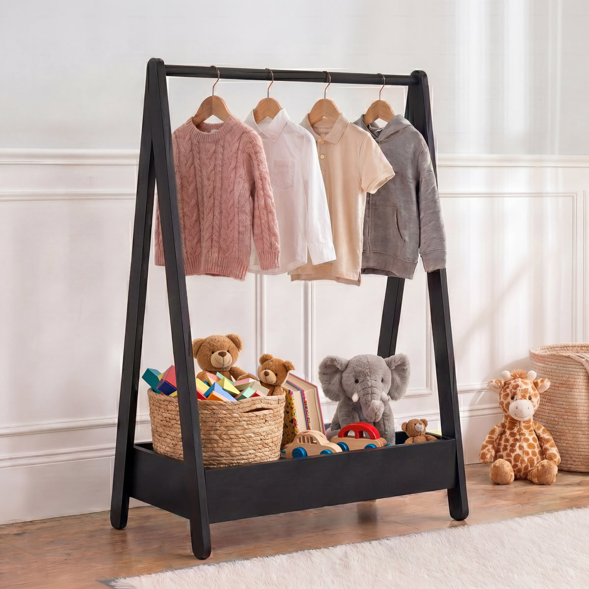 Wooden Kids Clothes Rack with Storage Shelf, Black
