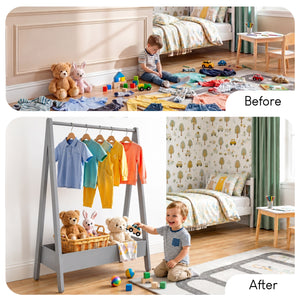 Wooden Kids Clothes Rack with Storage Shelf, Grey