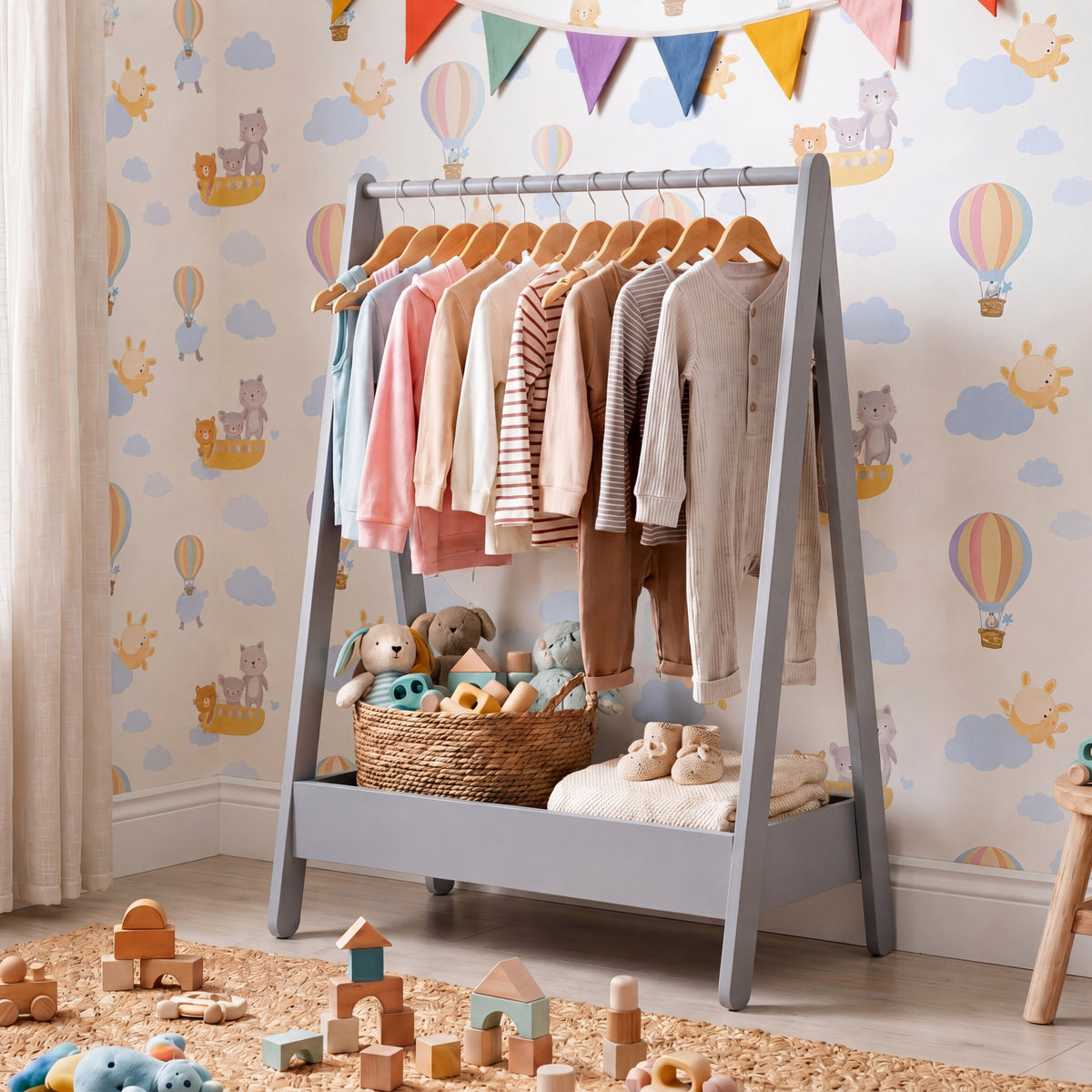Wooden Kids Clothes Rack with Storage Shelf, Grey
