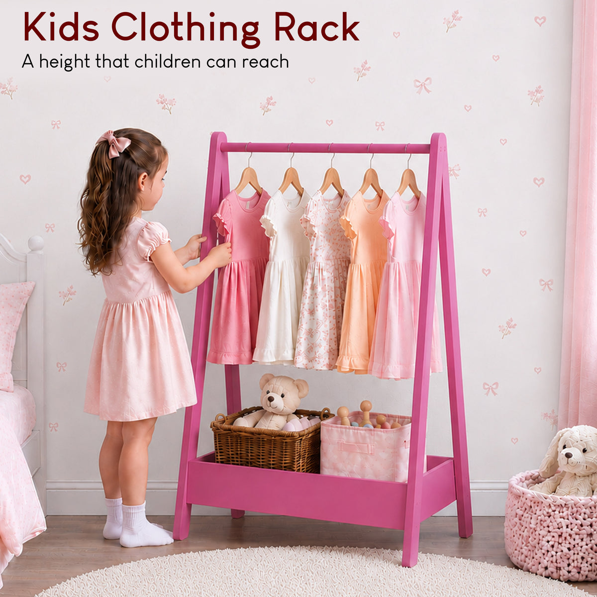 Wooden Kids Clothes Rack with Storage Shelf, Pink
