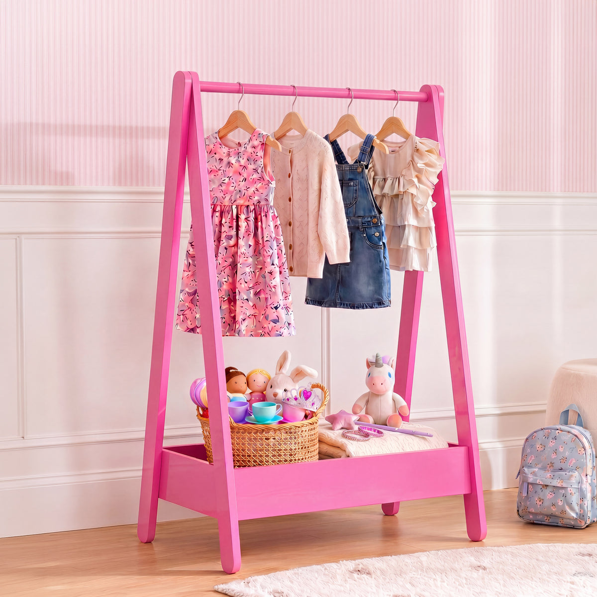Wooden Kids Clothes Rack with Storage Shelf, Pink