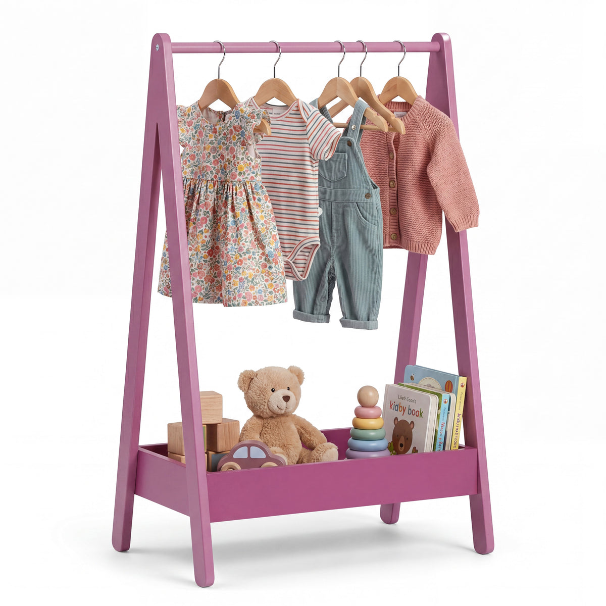 Wooden Kids Clothes Rack with Storage Shelf, Pink