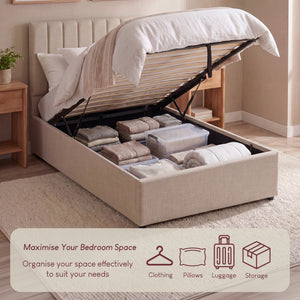 Vellaro Single Ottoman Fabric Bed & Mattress, Beige Linen