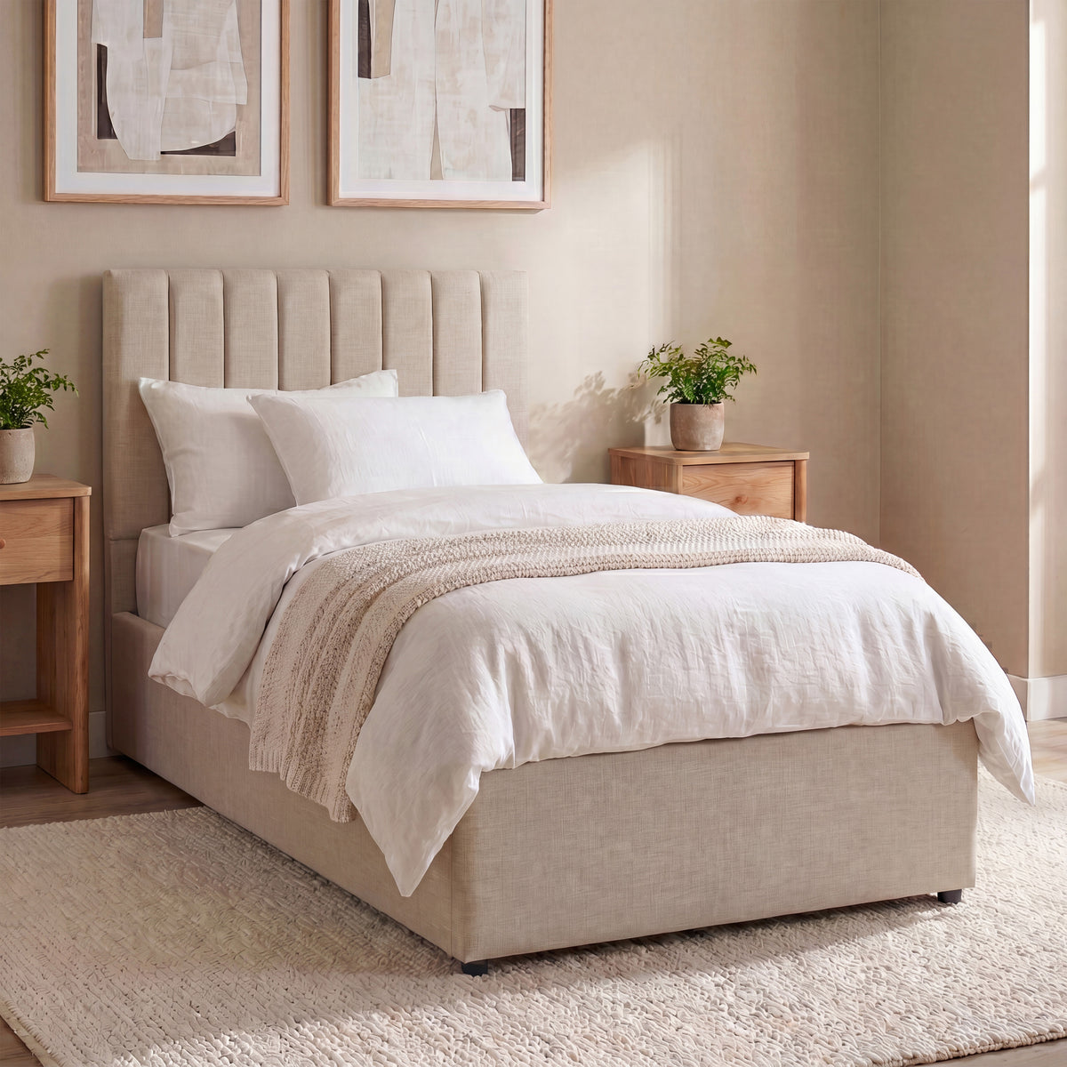 Vellaro Single Ottoman Fabric Bed & Mattress, Beige Linen