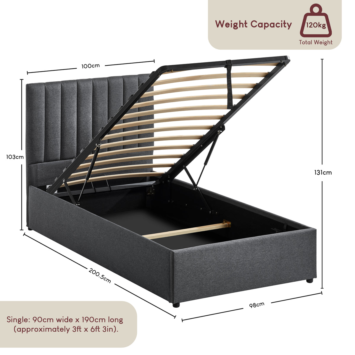 Vellaro Single Ottoman Fabric Bed, Dark Grey Linen