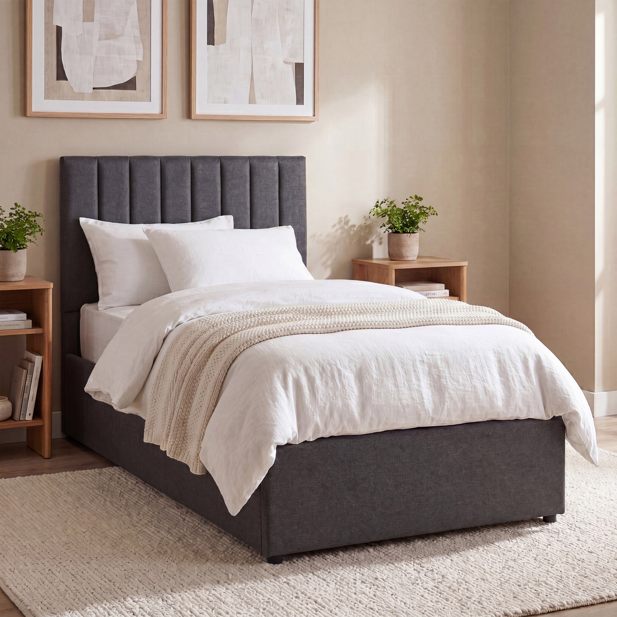 Vellaro Single Ottoman Fabric Bed, Dark Grey Linen