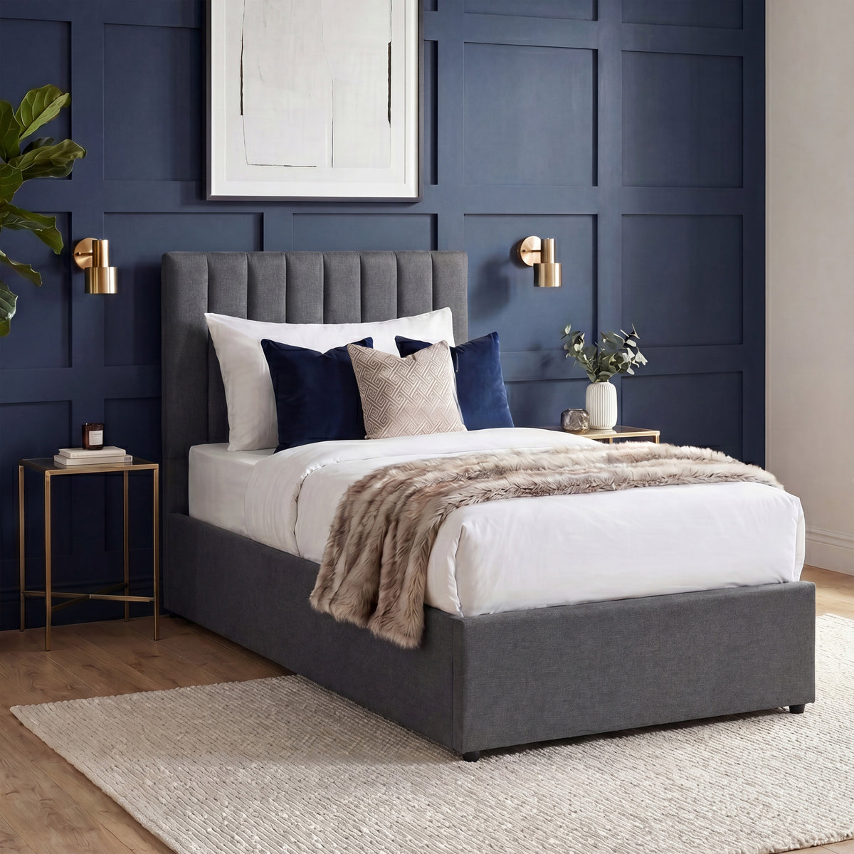 Vellaro Single Ottoman Fabric Bed, Dark Grey Linen