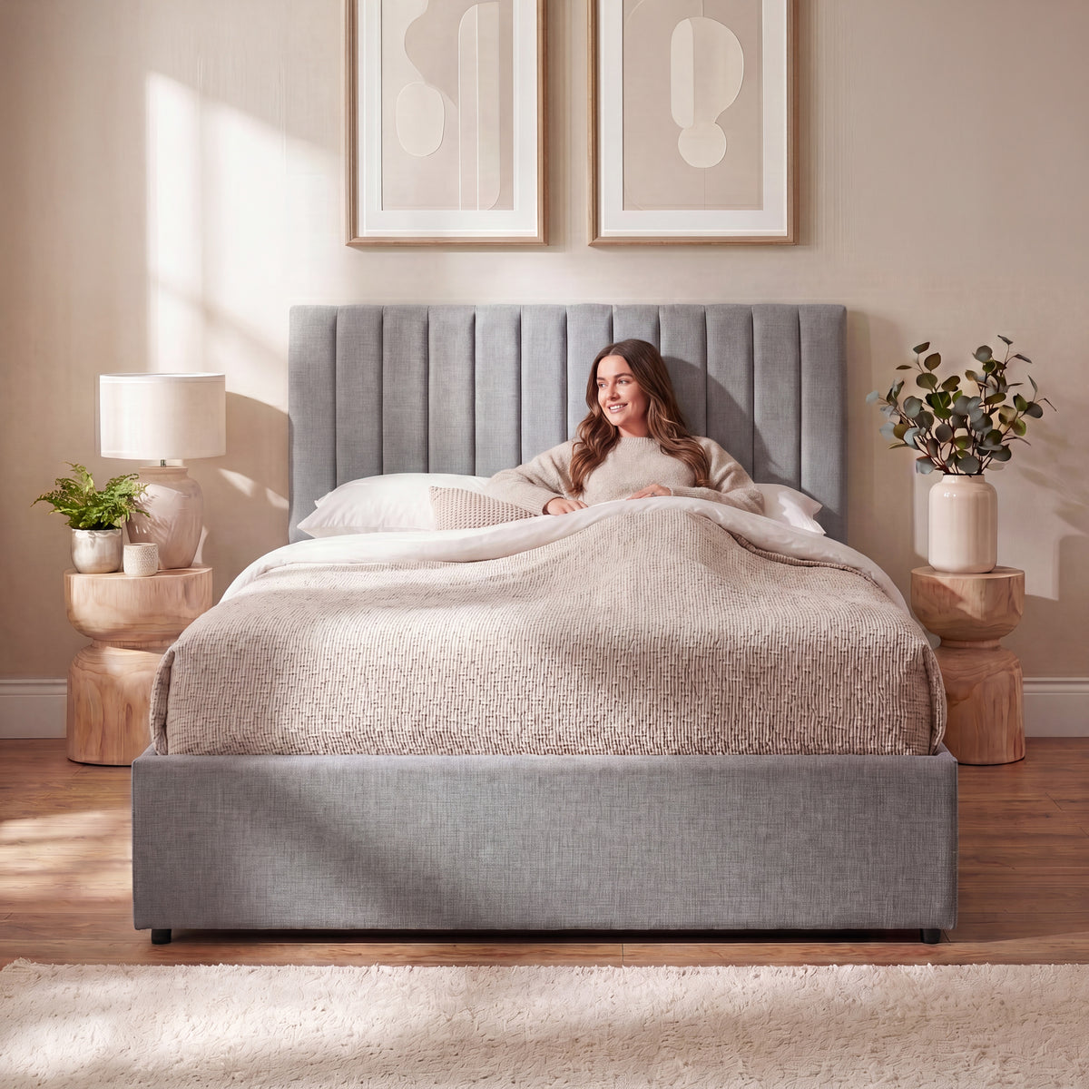 Vellaro Double Ottoman Fabric Bed & Mattress Light Grey Linen