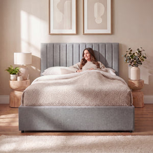 Vellaro Double Ottoman Fabric Bed & Mattress Light Grey Linen