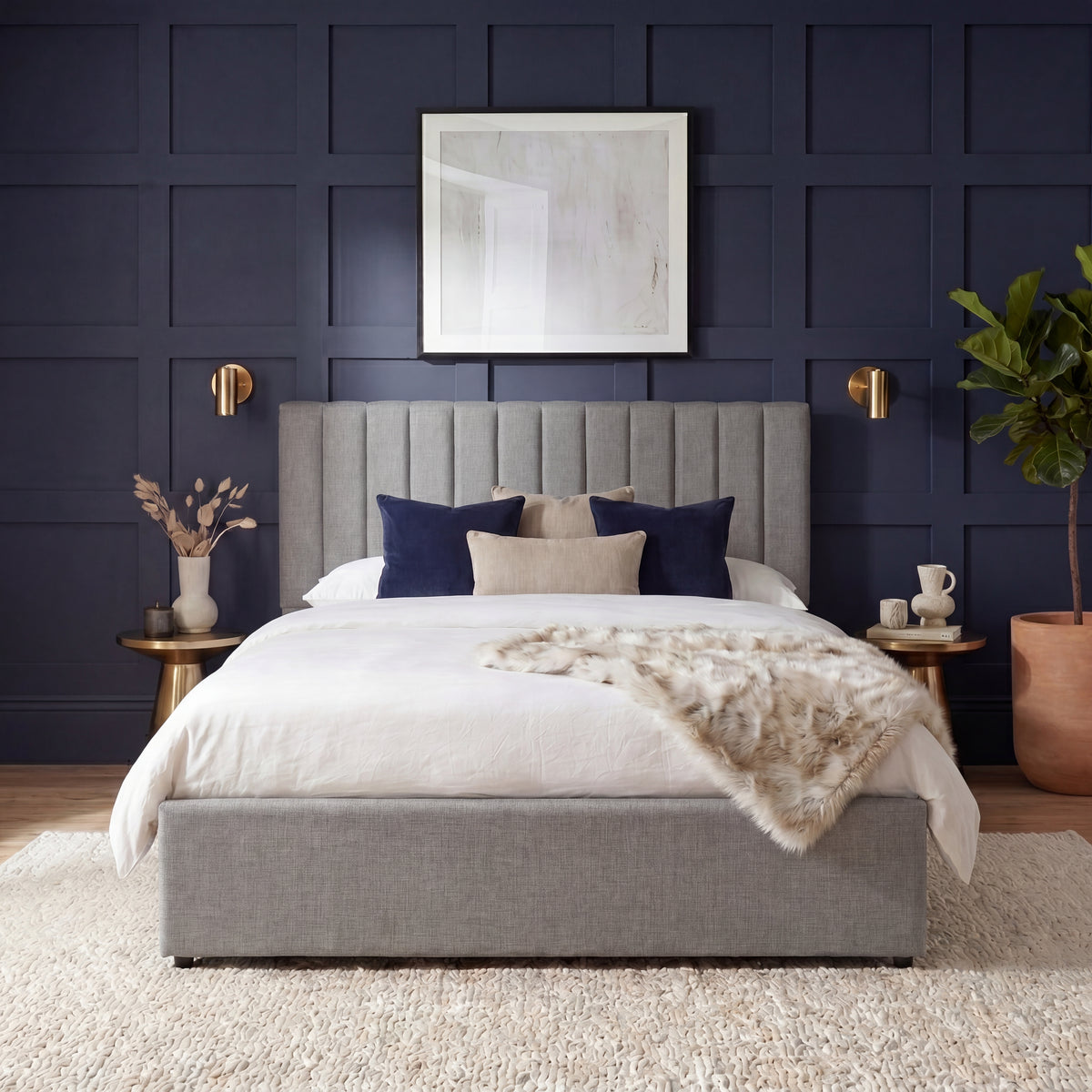 Vellaro Double Ottoman Fabric Bed & Mattress Light Grey Linen