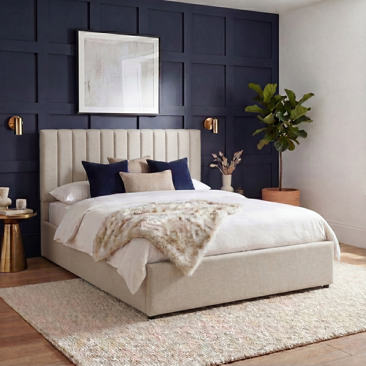 Vellaro King Size Ottoman Fabric Bed & Mattress, Beige Linen