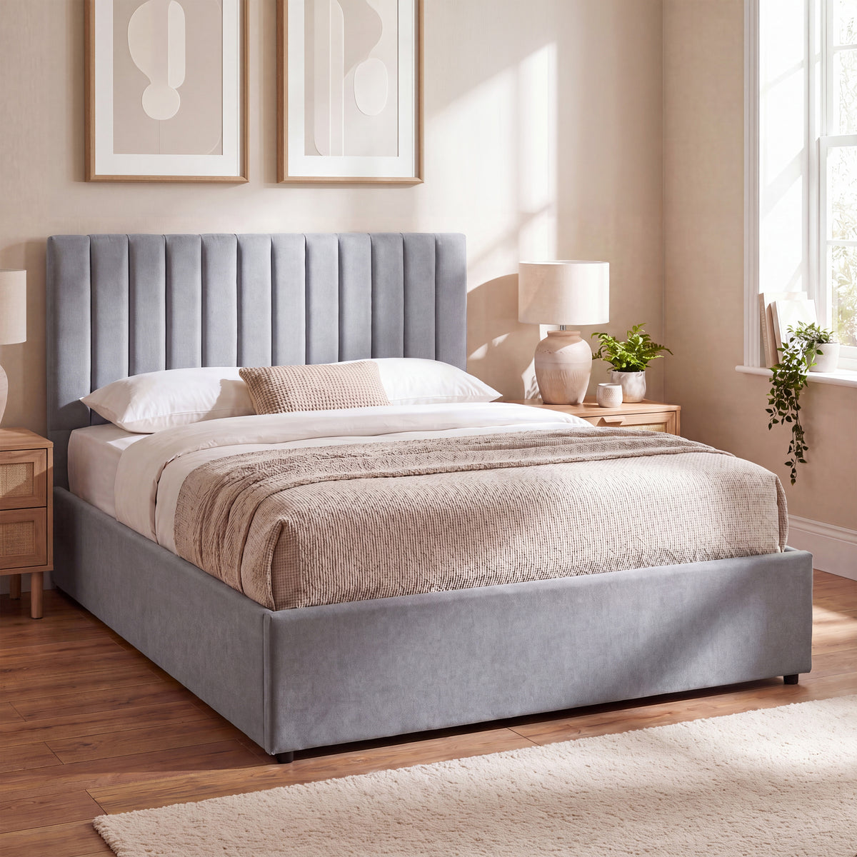 Vellaro King Size Ottoman Fabric Bed, Light Grey Linen