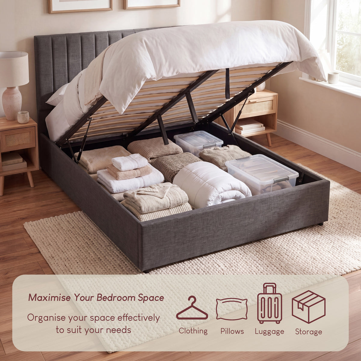 Vellaro King Size Ottoman Fabric Bed, dark Grey Linen