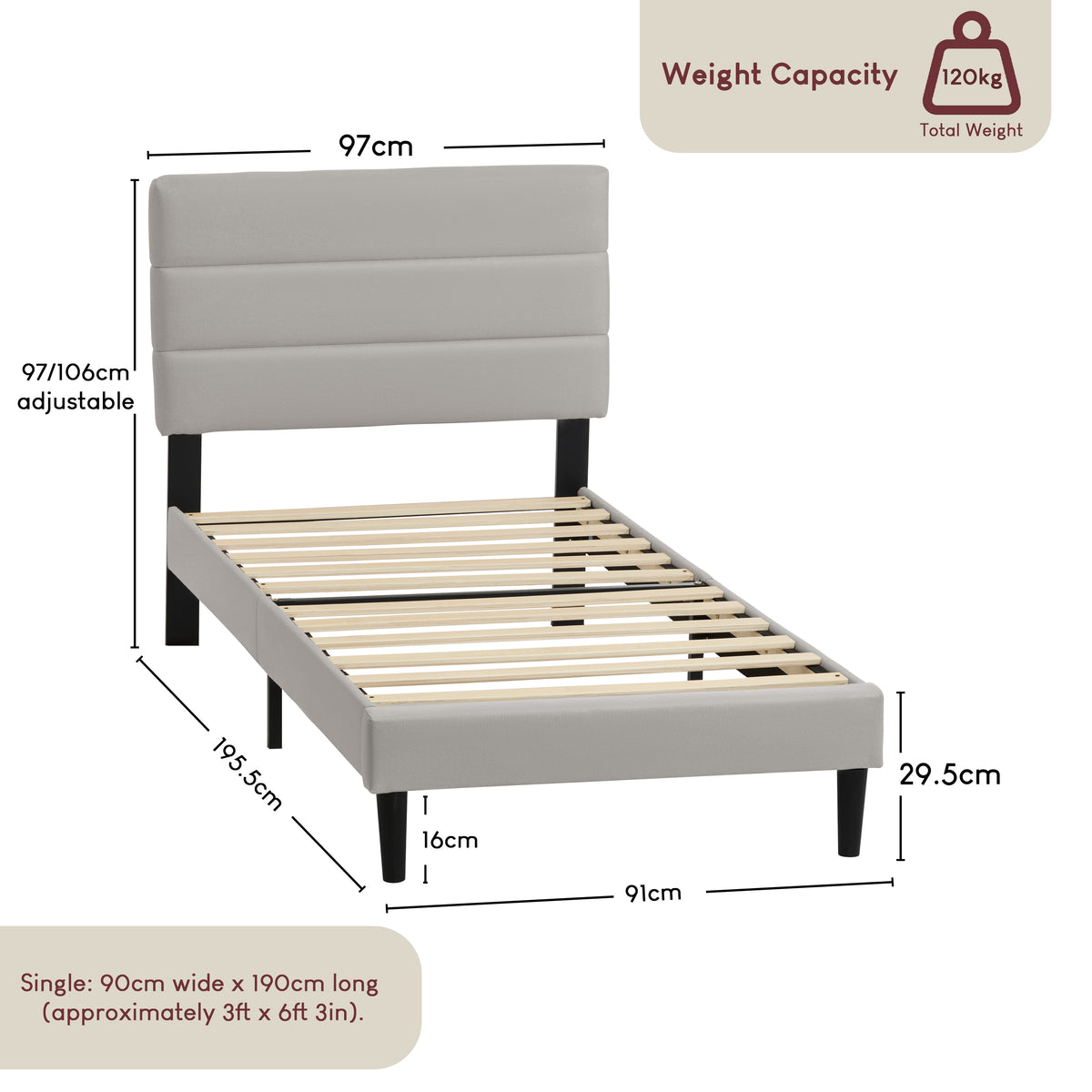 Vandura Single Fabric Bed and Mattress, Beige Linen