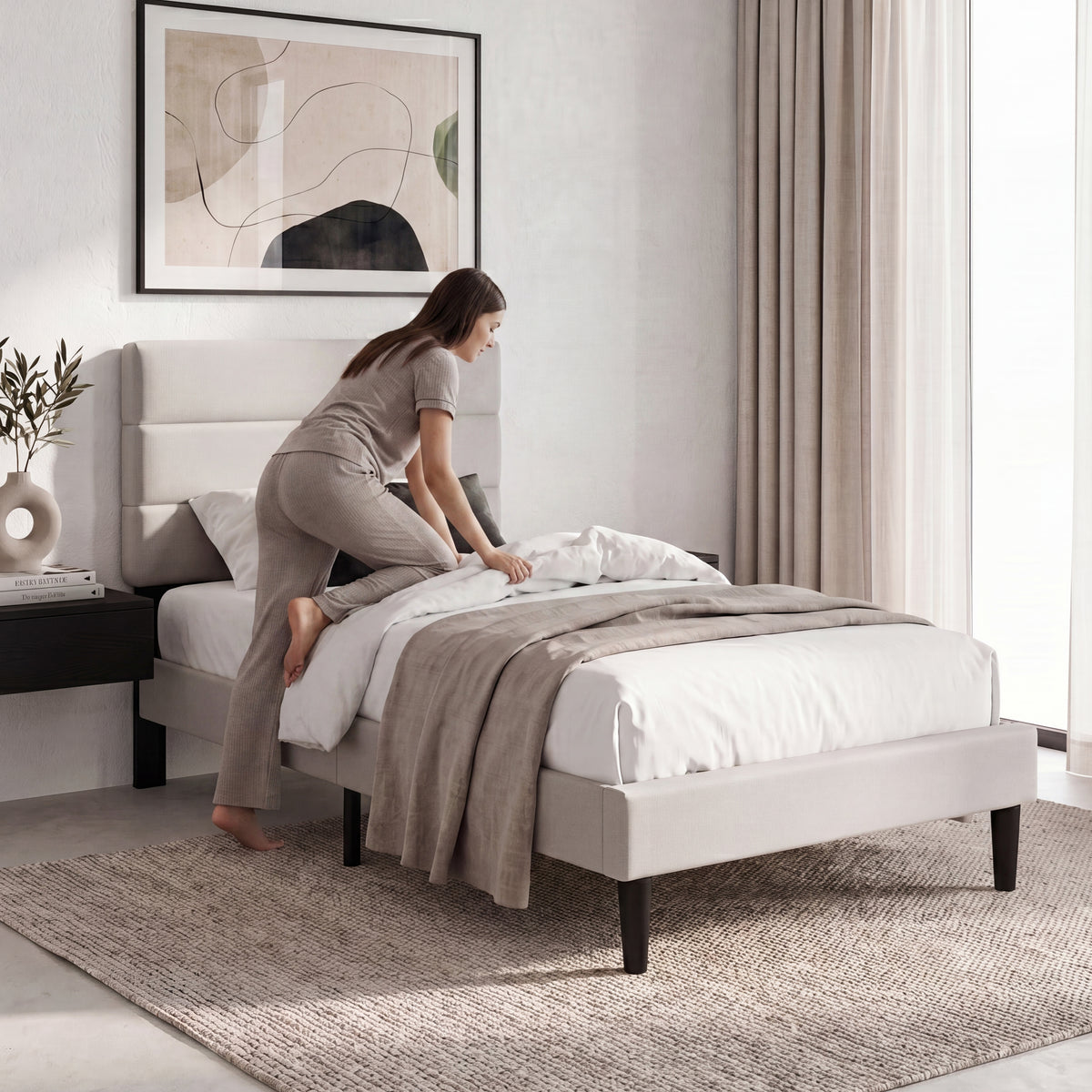 Vandura Single Fabric Bed and Mattress, Beige Linen