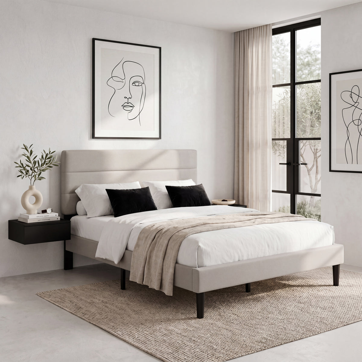 Vandura Double Fabric Bed and Mattress, Beige Linen
