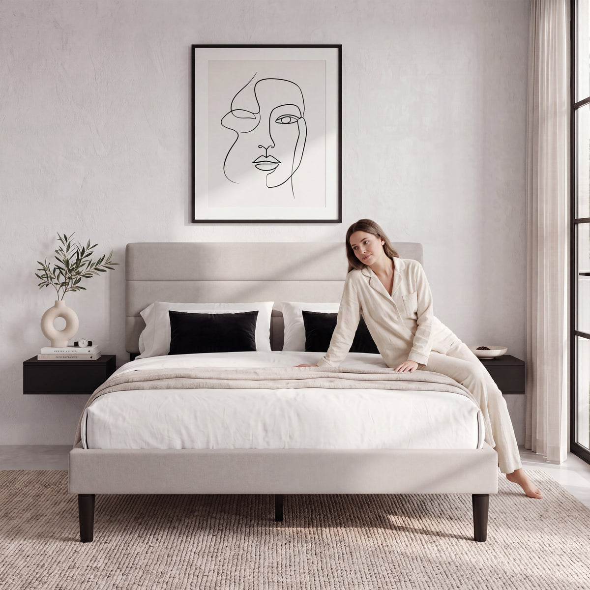 Vandura Double Fabric Bed and Mattress, Beige Linen
