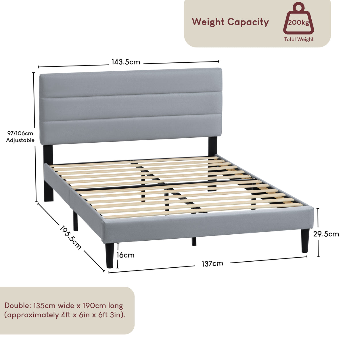 Vandura Double Fabric Bed, Light Grey Linen